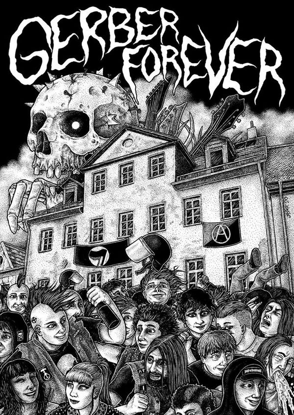 Gerber Forever Illustration. Verschiedene Personen mit Bierflaschen vor dem besetzen Haus in der Gerberstraße 3 in Weimar. Über dem Bild der Schriftzug: Gerber Forever