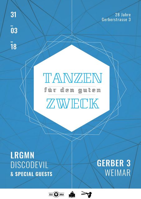 blaues Plakat für die Veranstaltung Tanzen für den guten Zweck am 31.März 2018 in der Gerber 3 Weimar